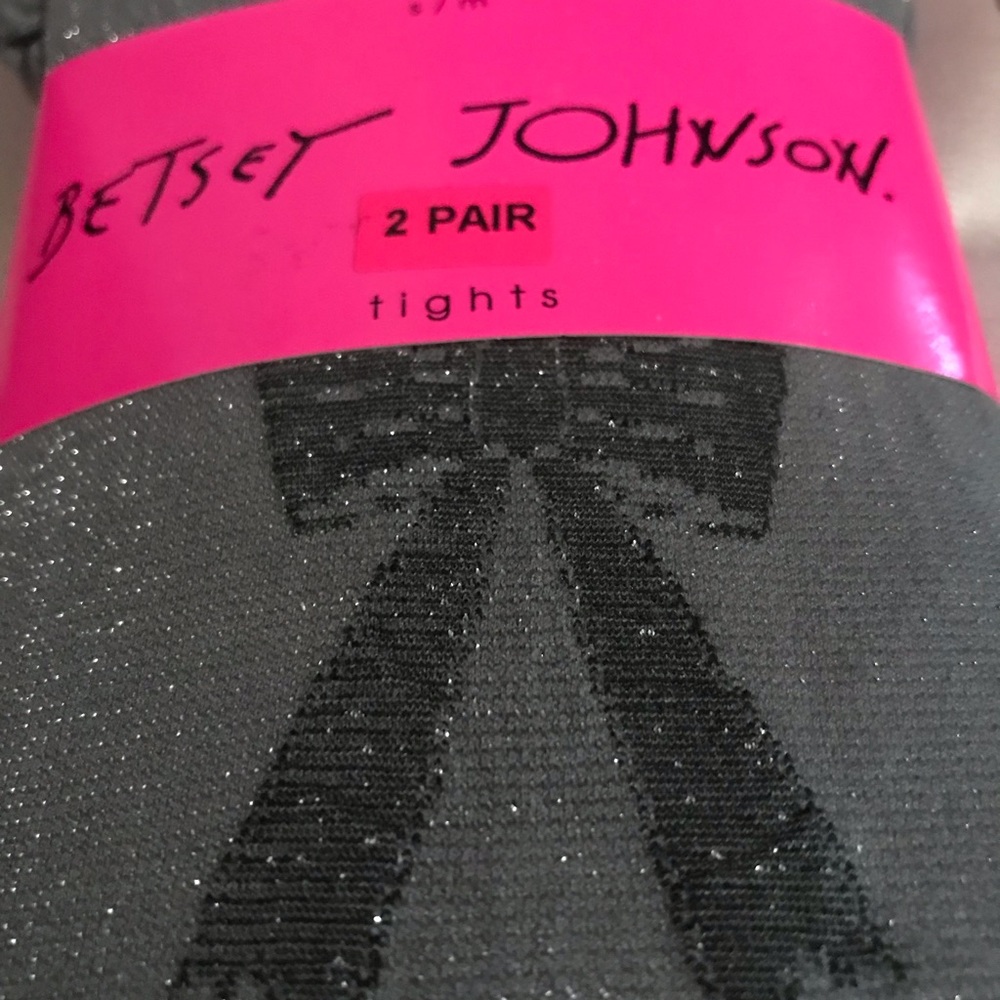 Betsey Johnson vintage bow tights black gray 2 pr pantyhose stockings silver